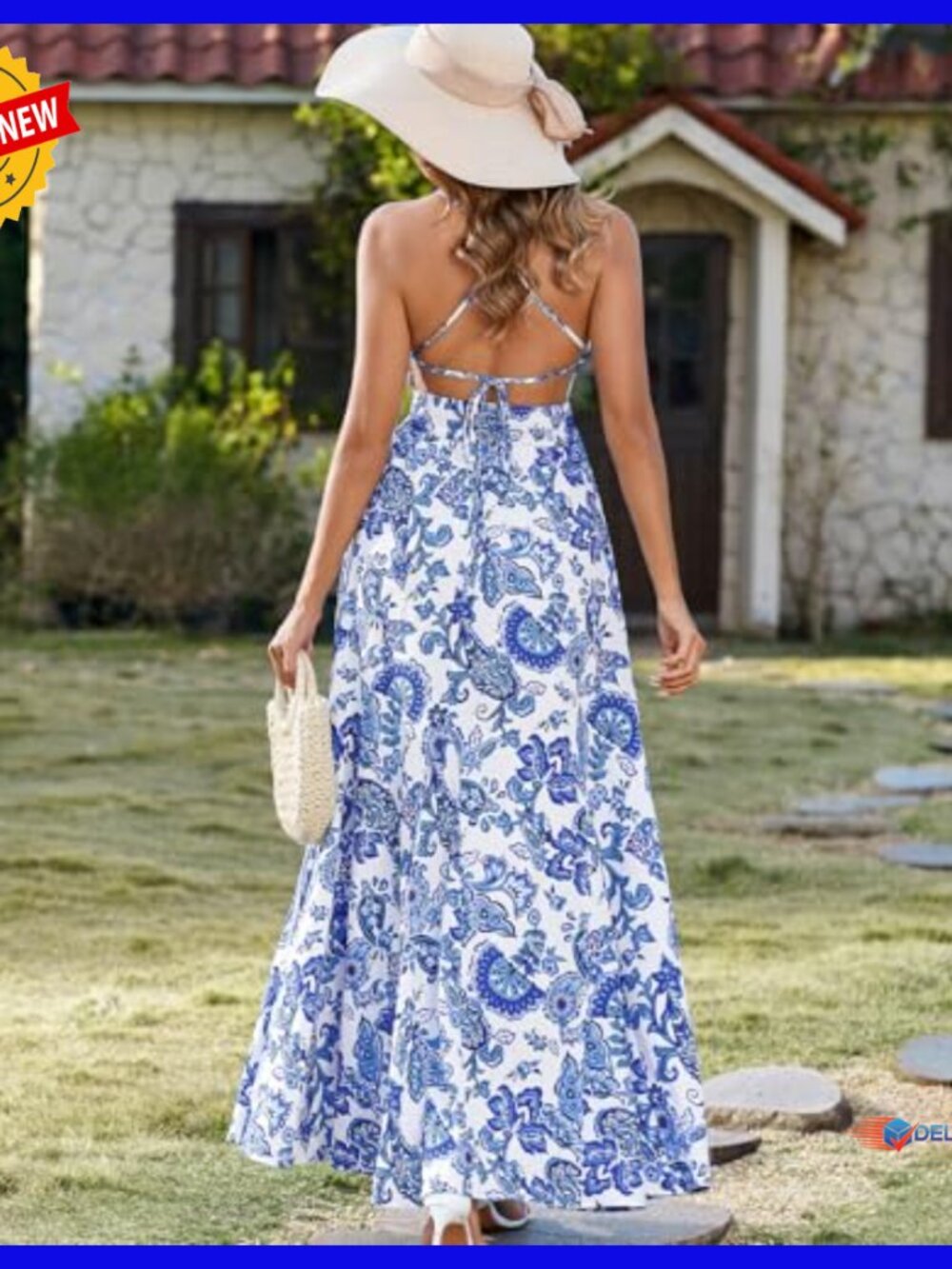 Summer Floral Maxi Dress Spaghetti Straps V Neck Backless Flowy Beach - Picture 3 of 6